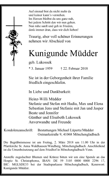 Traueranzeige von Kunigunde Müdder von trauer.extra-tipp-moenchengladbach.de