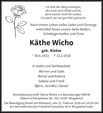 Traueranzeige von Käthe Wicho von trauer.wuppertaler-rundschau.de