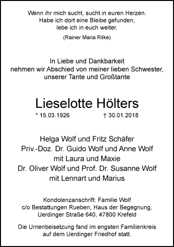 Traueranzeige von Lieselotte Hölters von trauer.mein.krefeld.de