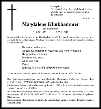 Traueranzeige von Magdalene Klinkhammer von trauer.stadt-kurier.de