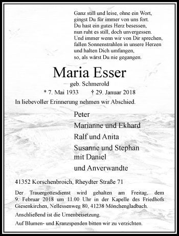 Traueranzeige von Maria Esser von trauer.extra-tipp-moenchengladbach.de