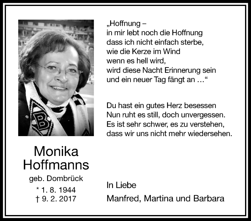  Traueranzeige für Monika Hoffmanns vom 11.02.2018 aus trauer.extra-tipp-moenchengladbach.de