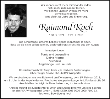 Traueranzeige von Raimond Koch von trauer.wuppertaler-rundschau.de