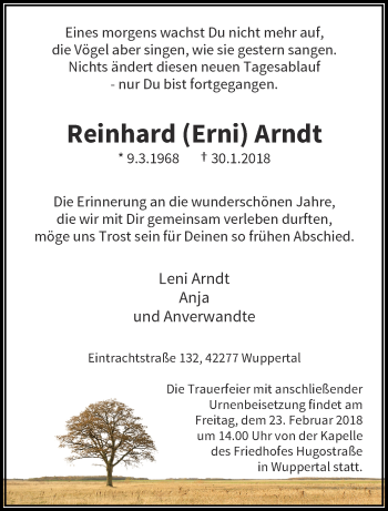 Traueranzeige von Reinhard Erni Arndt von trauer.wuppertaler-rundschau.de