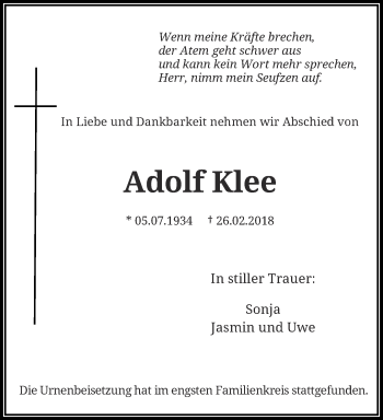 Traueranzeige von Adolf Klee von trauer.wuppertaler-rundschau.de