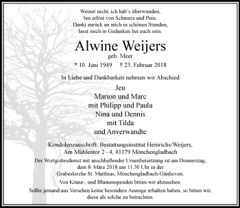 Traueranzeige von Alwine Weijers von trauer.extra-tipp-moenchengladbach.de