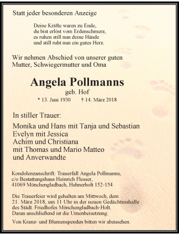 Traueranzeige von Angela Pollmanns von trauer.extra-tipp-moenchengladbach.de