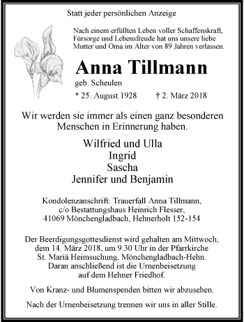 Traueranzeige von Anna Tillmann von trauer.extra-tipp-moenchengladbach.de