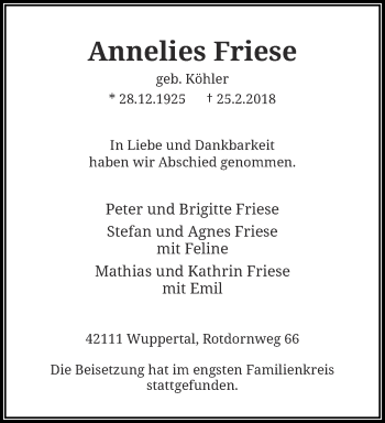 Traueranzeige von Annelies Friese von trauer.wuppertaler-rundschau.de