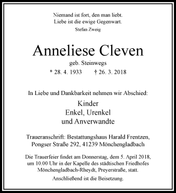 Traueranzeige von Anneliese Cleven von trauer.extra-tipp-moenchengladbach.de