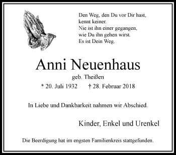 Traueranzeige von Anni Neuenhaus von trauer.extra-tipp-moenchengladbach.de