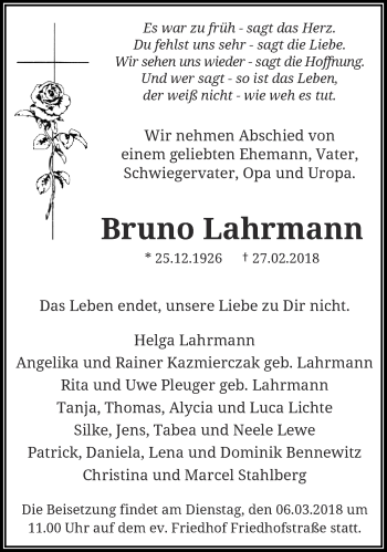 Traueranzeige von Bruno Lahrmann von trauer.wuppertaler-rundschau.de