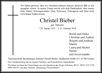 Traueranzeige von Christel Bieber von trauer.extra-tipp-moenchengladbach.de