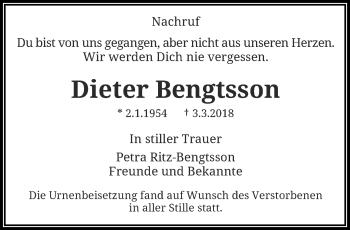 Traueranzeige von Dieter Bengtsson von trauer.wuppertaler-rundschau.de