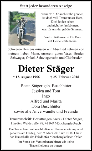 Traueranzeige von Dieter Stäger von trauer.extra-tipp-moenchengladbach.de