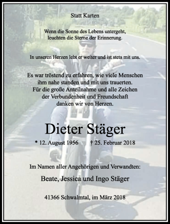 Traueranzeige von Dieter Stäger von trauer.extra-tipp-moenchengladbach.de