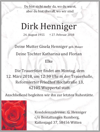 Traueranzeige von Dirk Henniger von trauer.wuppertaler-rundschau.de