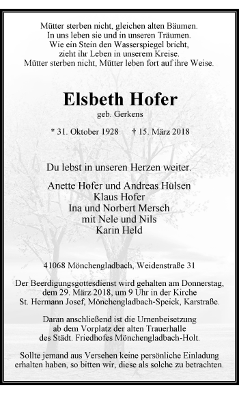 Traueranzeige von Elsbeth Hofer von trauer.extra-tipp-moenchengladbach.de