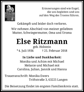 Traueranzeige von Else Ritzmann von trauer.duesseldorfer-anzeiger.de