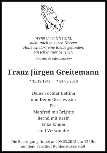 Traueranzeige von Franz Jürgen Greitemann von trauer.wuppertaler-rundschau.de