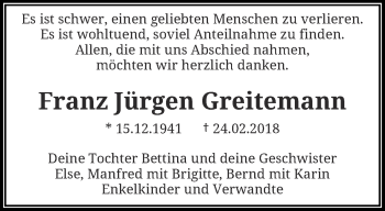 Traueranzeige von Franz Jürgen Greitemann von trauer.wuppertaler-rundschau.de