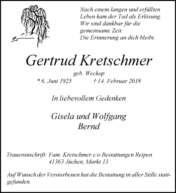 Traueranzeige von Gertrud Kretschmer von trauer.stadt-kurier.de