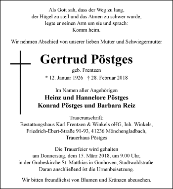 Traueranzeige von Gertrud Pöstges von trauer.extra-tipp-moenchengladbach.de