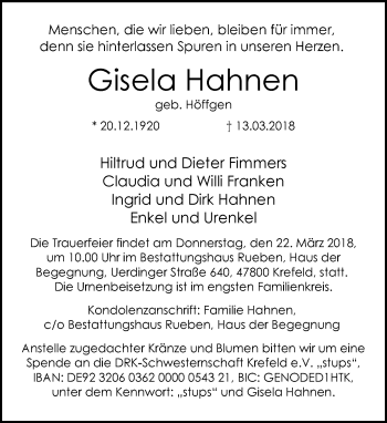 Traueranzeige von Gisela Hahnen von trauer.mein.krefeld.de