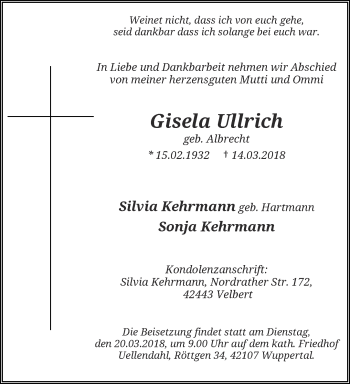 Traueranzeige von Gisela Ullrich von trauer.wuppertaler-rundschau.de