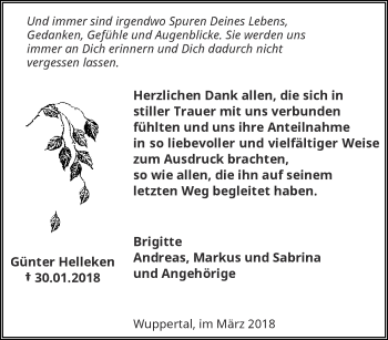 Traueranzeige von Günter Helleken von trauer.wuppertaler-rundschau.de