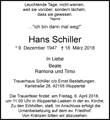 Traueranzeige von Hans Schiller von trauer.wuppertaler-rundschau.de