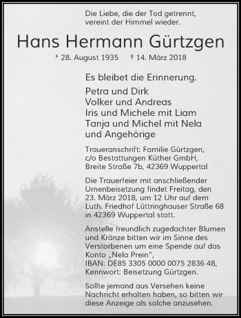 Traueranzeige von Hans Hermann Gürtzgen von trauer.wuppertaler-rundschau.de