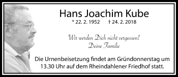 Traueranzeige von Hans Joachim Kube von trauer.extra-tipp-moenchengladbach.de