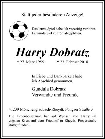 Traueranzeige von Harry Dobratz von trauer.extra-tipp-moenchengladbach.de