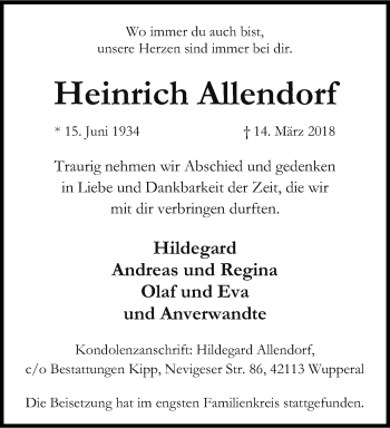 Traueranzeige von Heinrich Allendorf von trauer.wuppertaler-rundschau.de