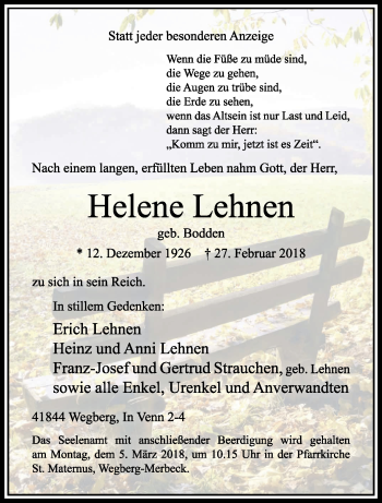 Traueranzeige von Helene Lehnen von trauer.extra-tipp-moenchengladbach.de