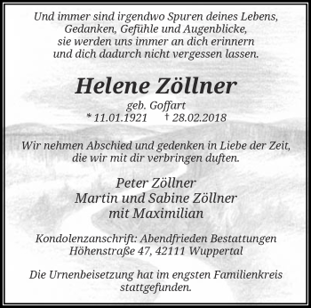 Traueranzeige von Helene Zöllner von trauer.wuppertaler-rundschau.de