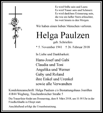 Traueranzeige von Helga Paulzen von trauer.extra-tipp-moenchengladbach.de