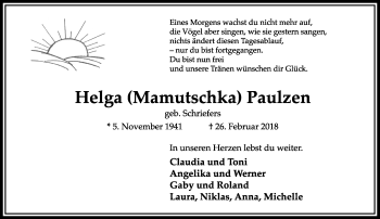 Traueranzeige von Helga Paulzen von trauer.extra-tipp-moenchengladbach.de