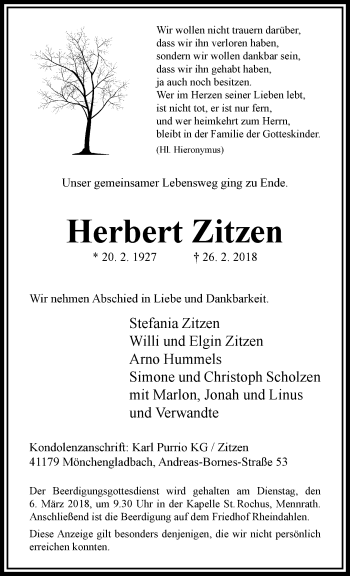 Traueranzeige von Herbert Zitzen von trauer.extra-tipp-moenchengladbach.de