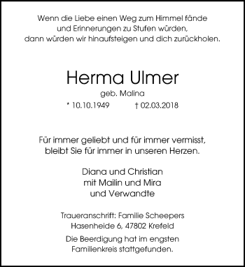 Traueranzeige von Herma Ulmer von trauer.mein.krefeld.de