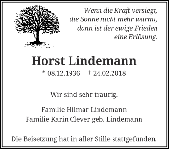 Traueranzeige von Horst Lindemann von trauer.wuppertaler-rundschau.de