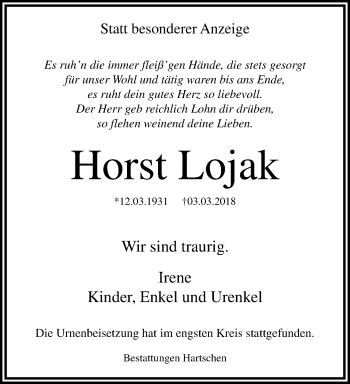 Traueranzeige von Horst Lojak von trauer.stadt-panorame.de