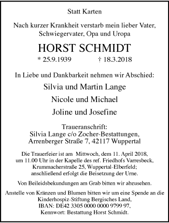 Traueranzeige von Horst Schmidt von trauer.wuppertaler-rundschau.de