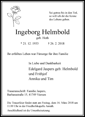 Traueranzeige von Ingeborg Helmbold von trauer.extra-tipp-moenchengladbach.de