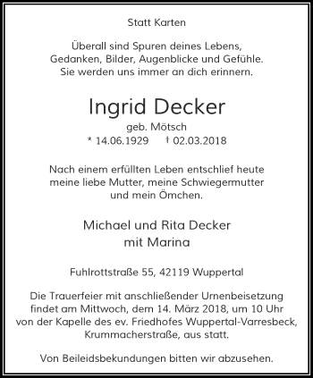 Traueranzeige von Ingrid Decker von trauer.wuppertaler-rundschau.de