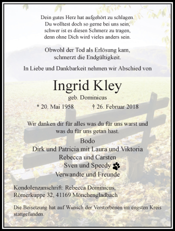 Traueranzeige von Ingrid Kley von trauer.extra-tipp-moenchengladbach.de