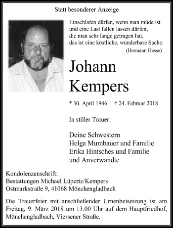 Traueranzeige von Johann Kempers von trauer.extra-tipp-moenchengladbach.de