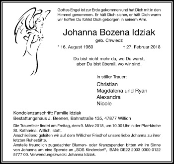 Traueranzeige von Johanna Bozena Idziak von trauer.extra-tipp-moenchengladbach.de