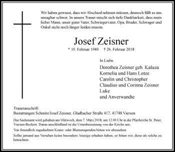 Traueranzeige von Josef Zeisner von trauer.extra-tipp-moenchengladbach.de